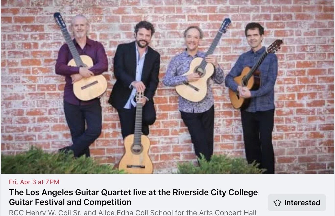 For the first time in a long while, we will be playing in Southern California! Friday, April 3, at Riverside City College.  LAGQ.com/tour