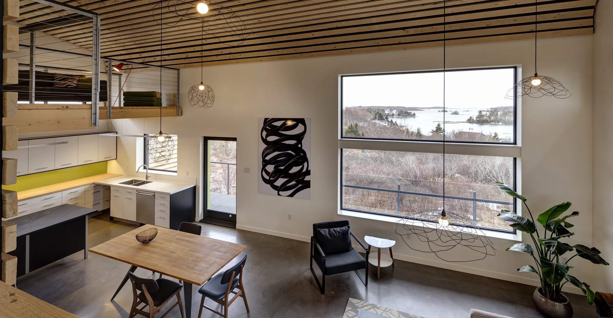 Custom Design for Dura House, in Terance Bay Nova Scotia. Interior Photographed by Sham Shamsthankiya . Artwork by Alex Livingston , Untitled 4 (2014) Chromira Print on Dibond, 66"x48" - Courtesy of Studio 21 Fine Art Halifax. 