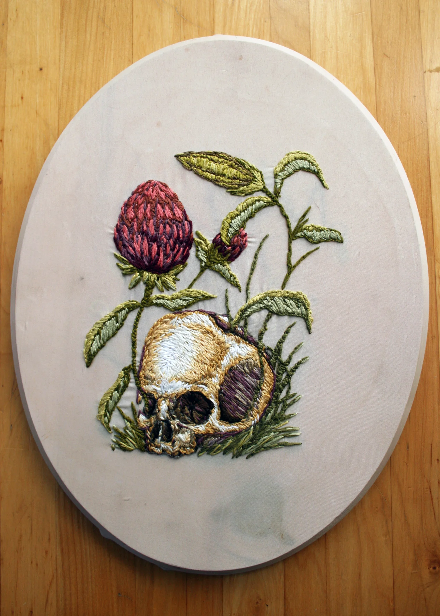 Thistles, 8in x 10in fabric on wood block, embroidery thread.