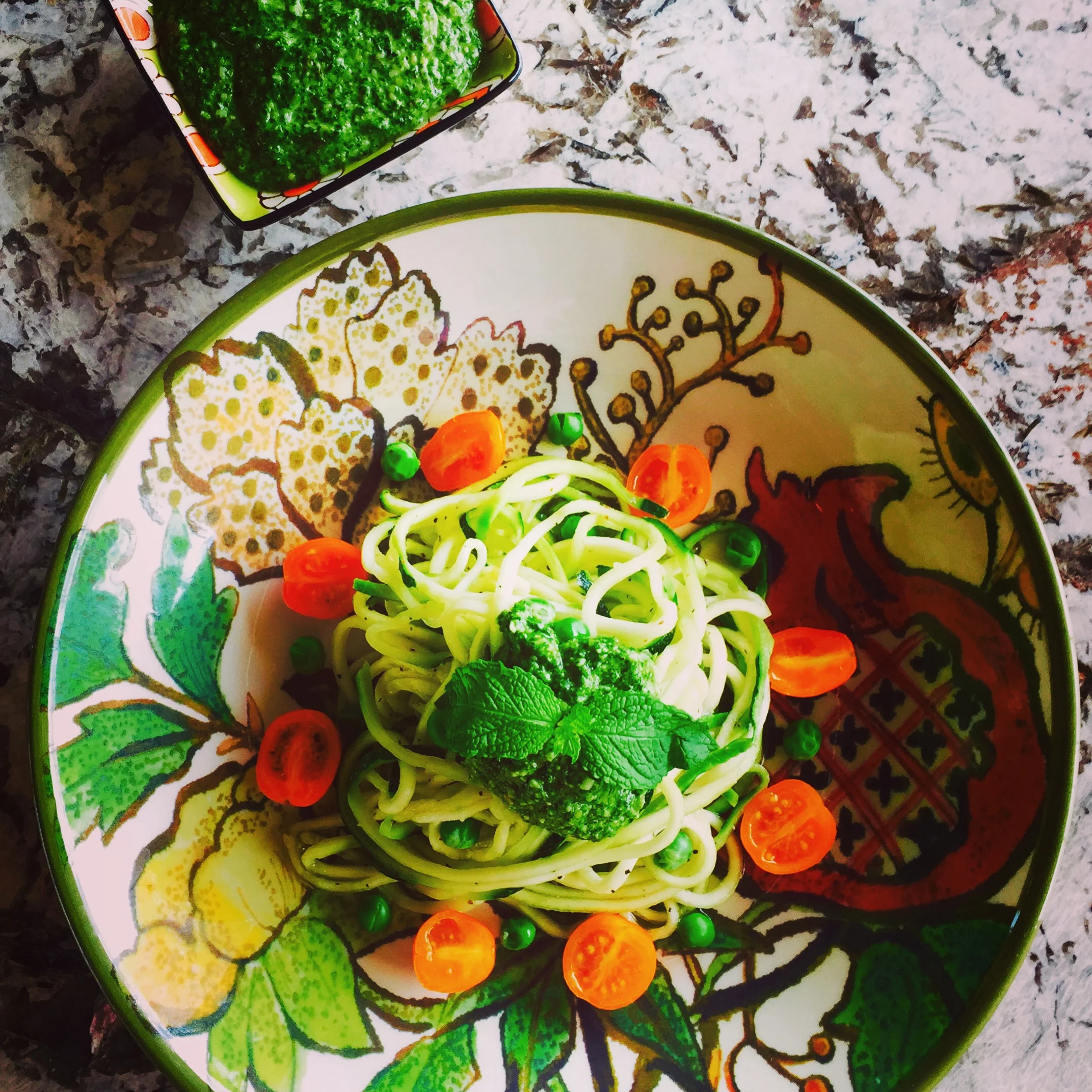 Zucchini “Pasta” with Mint/Kale Pesto