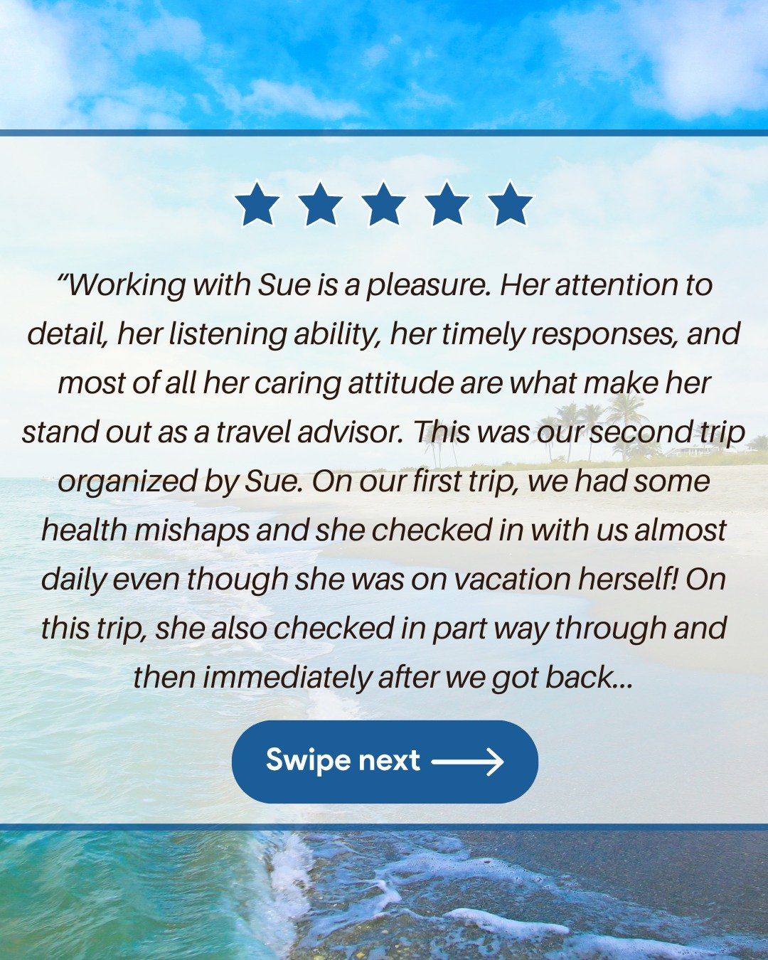 🌟 Why choose Susan at Journeys Around The World for your next luxury getaway? Just listen to what her client says: 'Working with Sue is a pleasure. Her meticulous attention to detail, genuine care, and passion for delivering the best travel experien