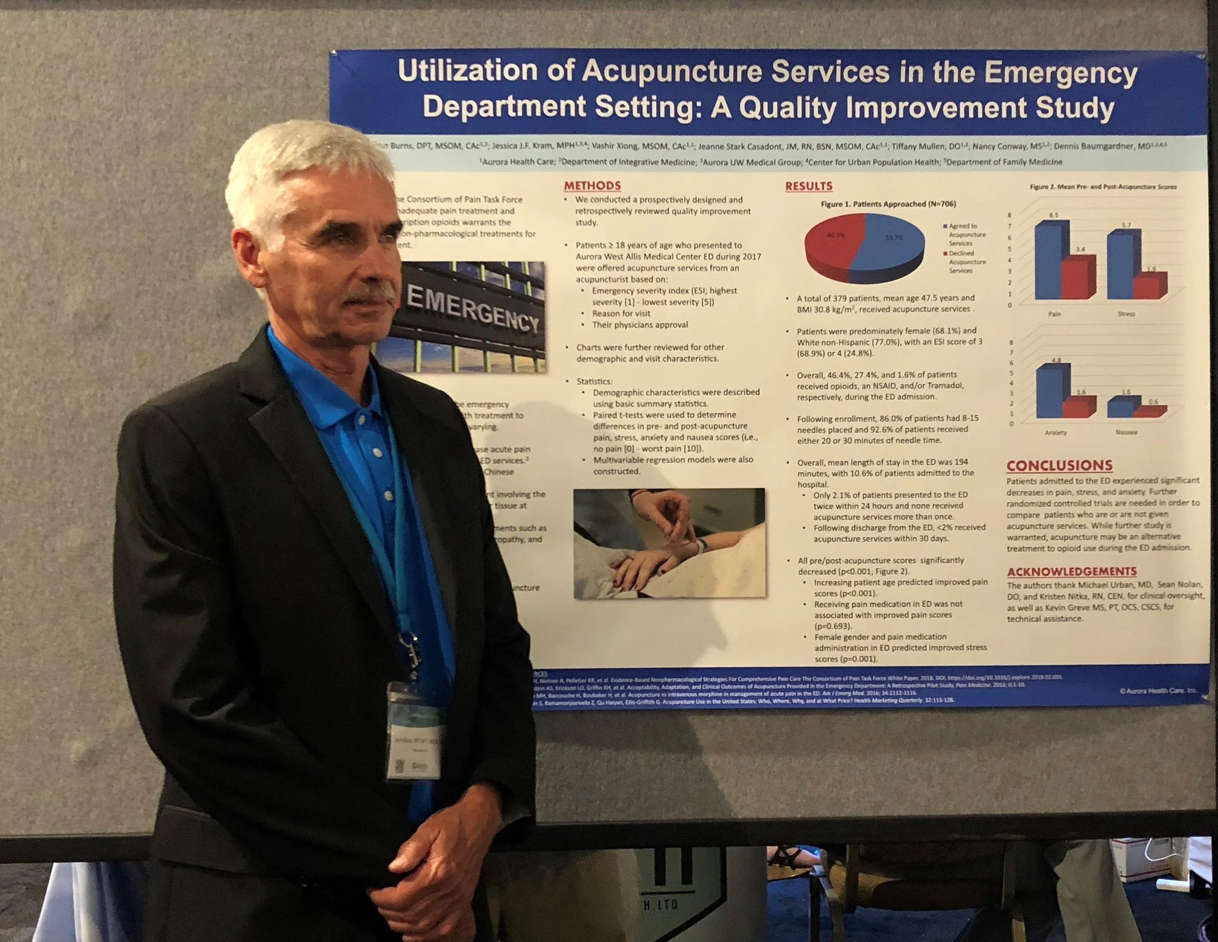 Dr. John Burns and poster of his ED study at the 2018 AIHM conference in San Diego, CA. photo credit Megan Gale