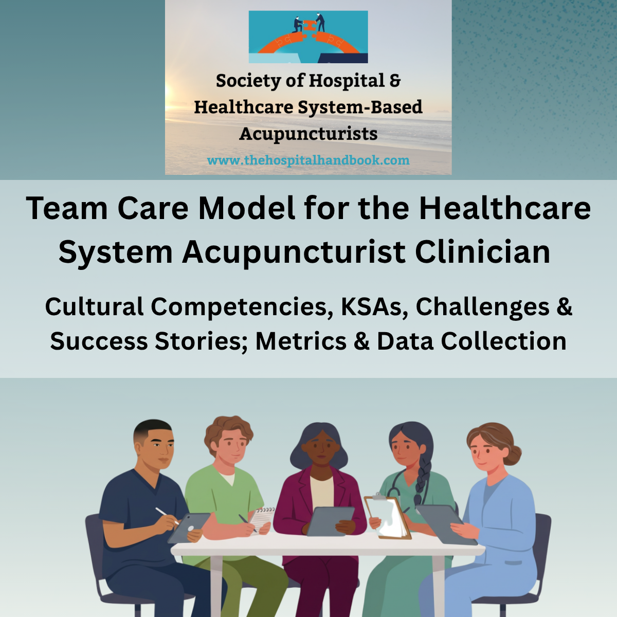 logo for the Team care model event. Includes event title and image of clinicians gathered at a table, taking notes and listening to each other.