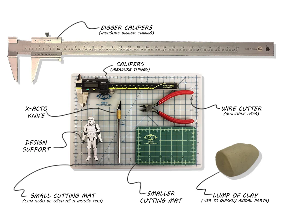 We all keep a set of essential desk tools. This usually includes calipers, an X-Acto Knife and maybe a cutting mat. Measure twice, cut once. Right? Calipers are a daily necessity at the office. Precise measurements ensure that parts are modeled accurately. A lump of clay often comes in handy when you want to quickly visualize a design concept.