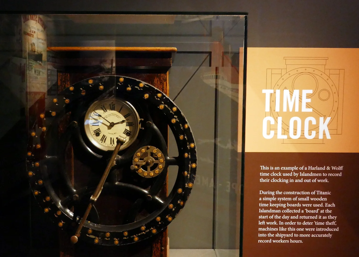 Harland & Wolff Time Clock, Titanic Experience Museum Interior, Belfast, United Kingdom