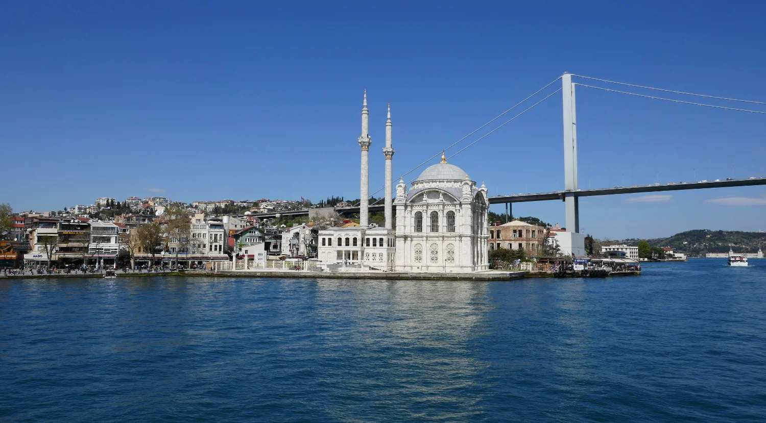 Ortakoy Mosque and Bosphorus Bridge from Cruise Ship, Istanbul, Turkey