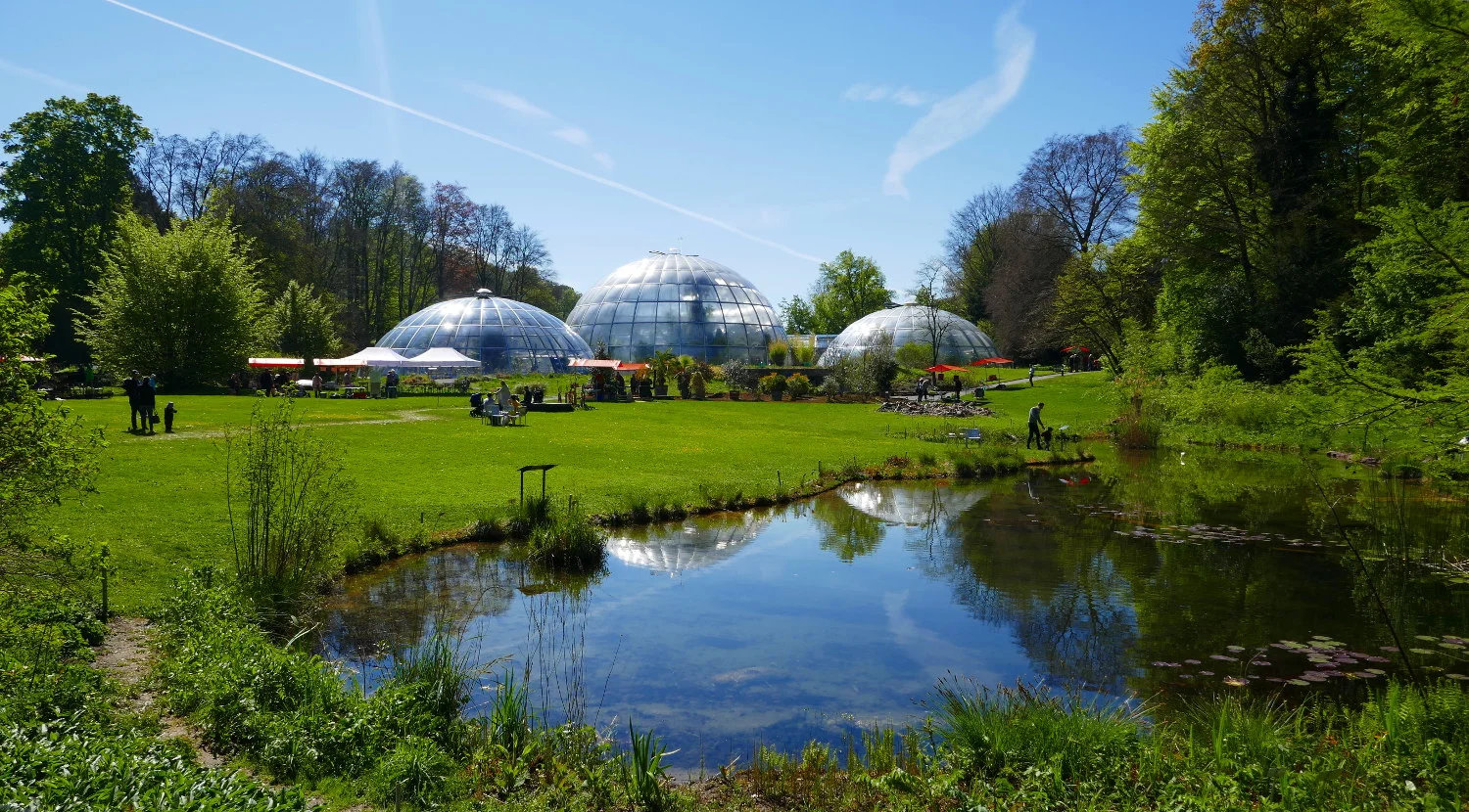 Pond and Domed Greenhouses, Botanical Garden of the University of Zurich, Zurich, Switzerland