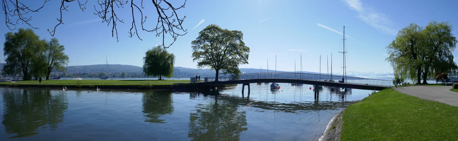 Panorama, SAFF Island Pedestrian Bridge, Lake Zurich, Zurich, Switzerland