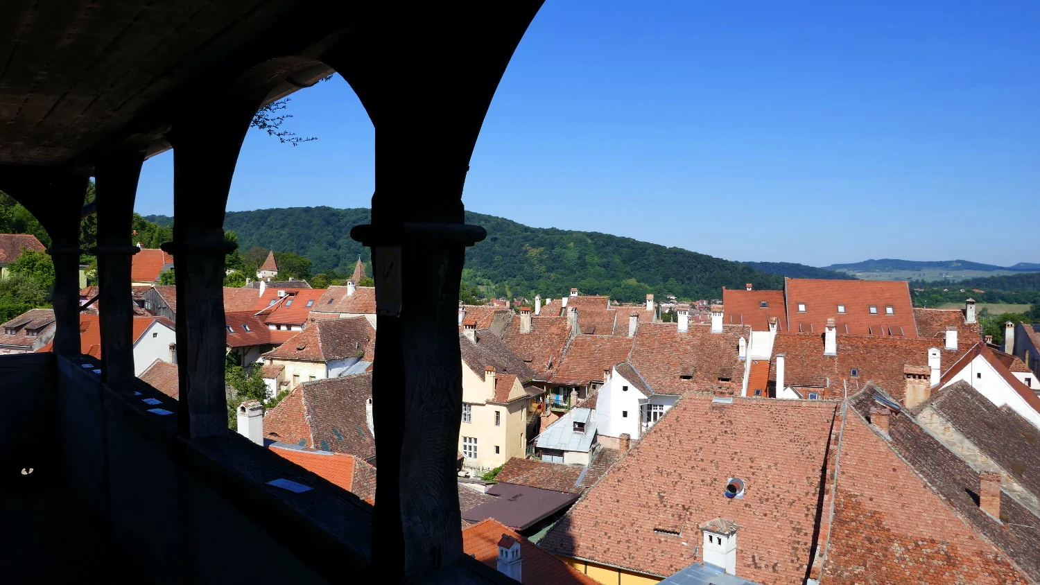 Archways and City, Clock Tower Viewing Deck, Sighisoara, Romania