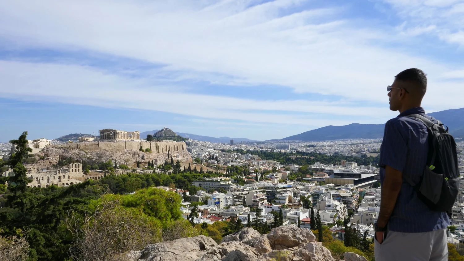 Sergio and Acropolis from Pynx Hill, Athens, Greece
