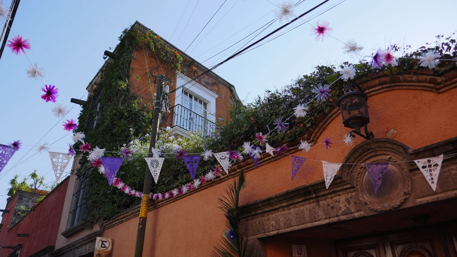 Vine Covered Building and Papel Picado Lent Flags, Calle De La Garza San Miguel de Allende, Guanajuato, Mexico