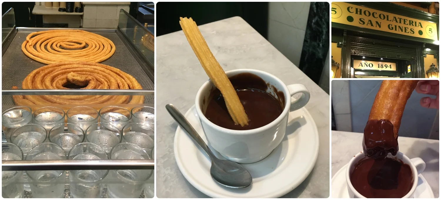 Madrid Spain Churros Chocolate Porras breakfast snack late night san gines chocolateria traditional food classic must eat visit tourist best