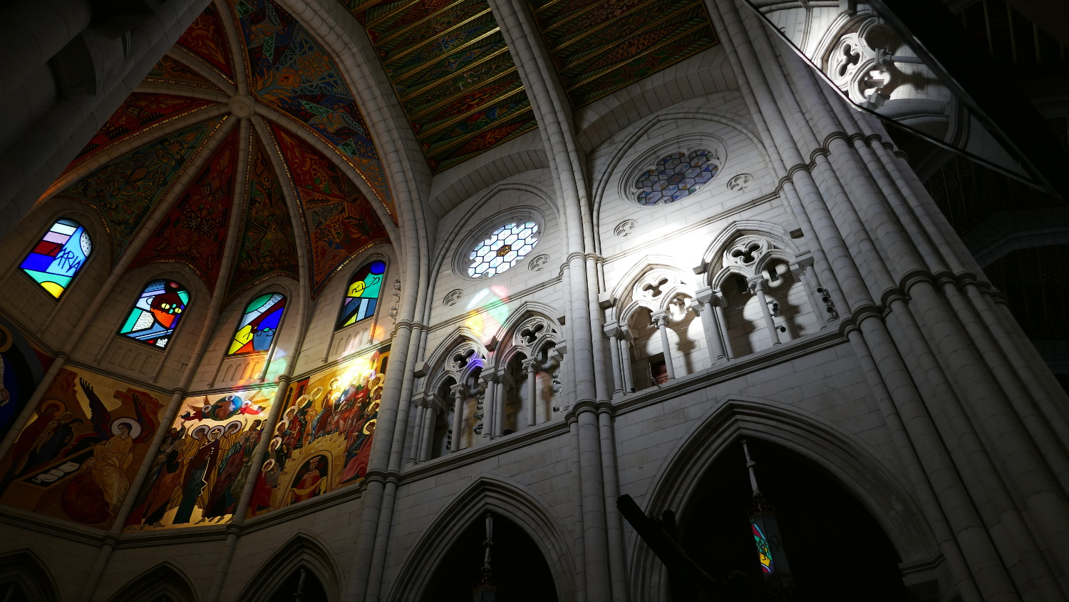 Stained Glass and Ceiling, Catedral de Santa Maria la Real de la Almudena Interior, Madrid, Spain