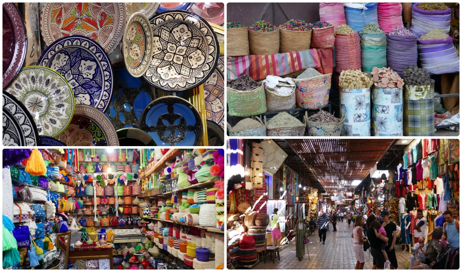 Marrakech Marrakesh Morocco Tourist Tips and travel information city guide how to what to know before you visit where to stay hotels riads medina souks market shops bargain haggle hassel pottery spices food woven handmade scarves hectic chaotic shopping shop tips how to