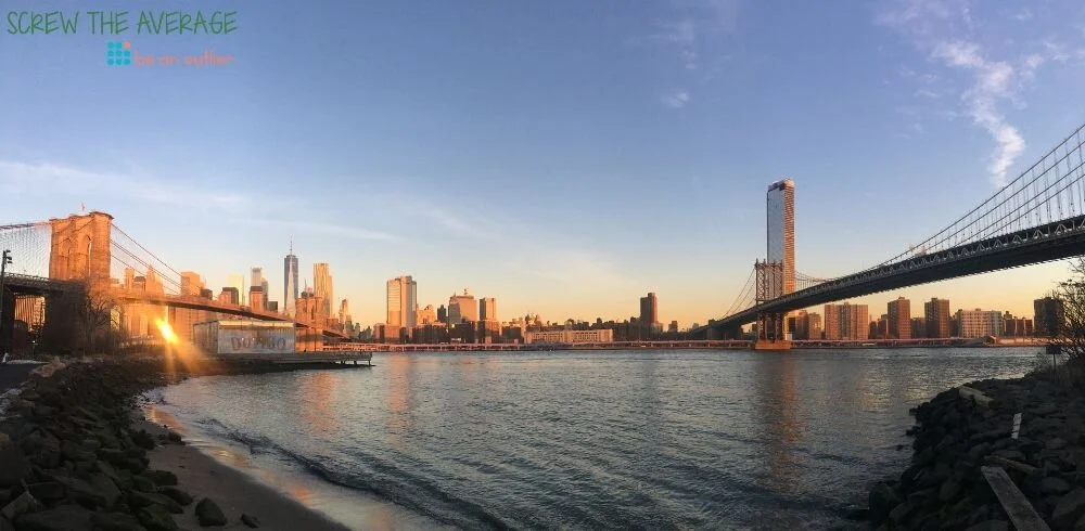 Manhattan Skyline Between the Brooklyn Bridge and Manhattan Bridge, Brooklyn, New York, New York, United States