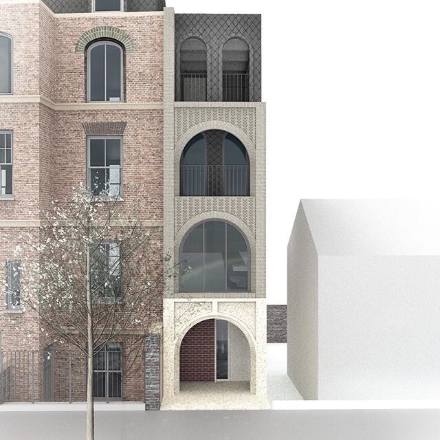 Facade study for new house in east London. Very narrow site in Conservation area..