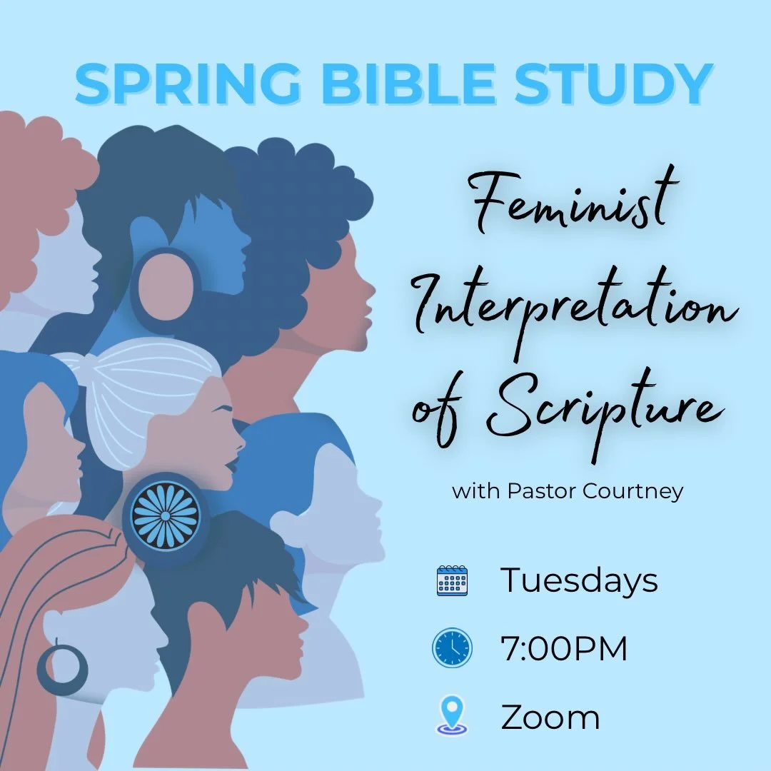 Spring Bible Study 🙏📖

On Tuesdays at 7PM via Zoom, join Pastor Courtney for a 13-week Bible study exploring scripture through a feminist interpretive lens using Rachel Held Evans&rsquo; A year of Biblical Womanhood as our guide. Together, we will 