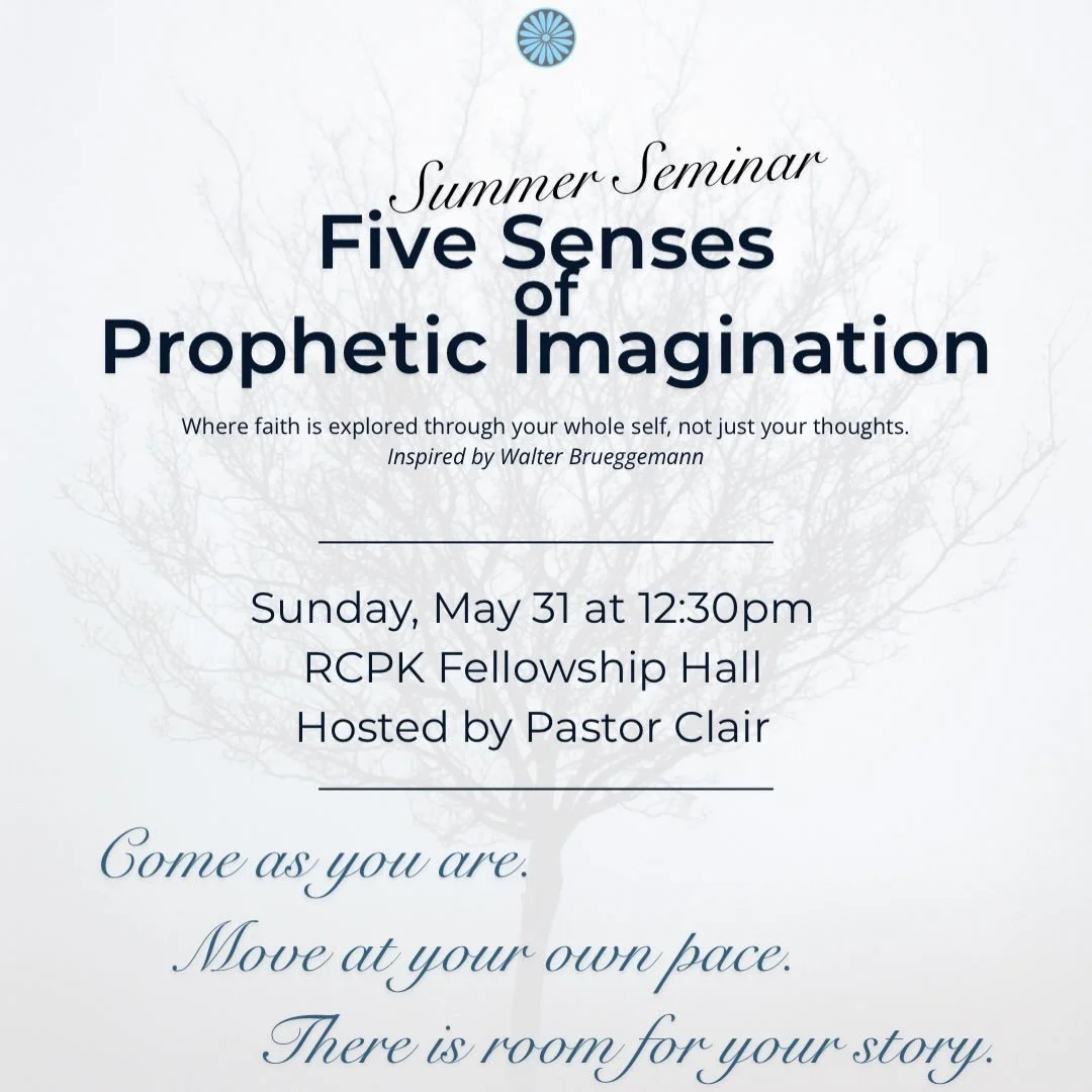 5 Senses of Prophetic Imagination - May 31. Lunch is provided!

Inspired by Walter Brueggemann and The Prophetic Imagination: where faith is explored through your whole self, not just your thoughts.

Together, we&rsquo;ll engage the five senses : see