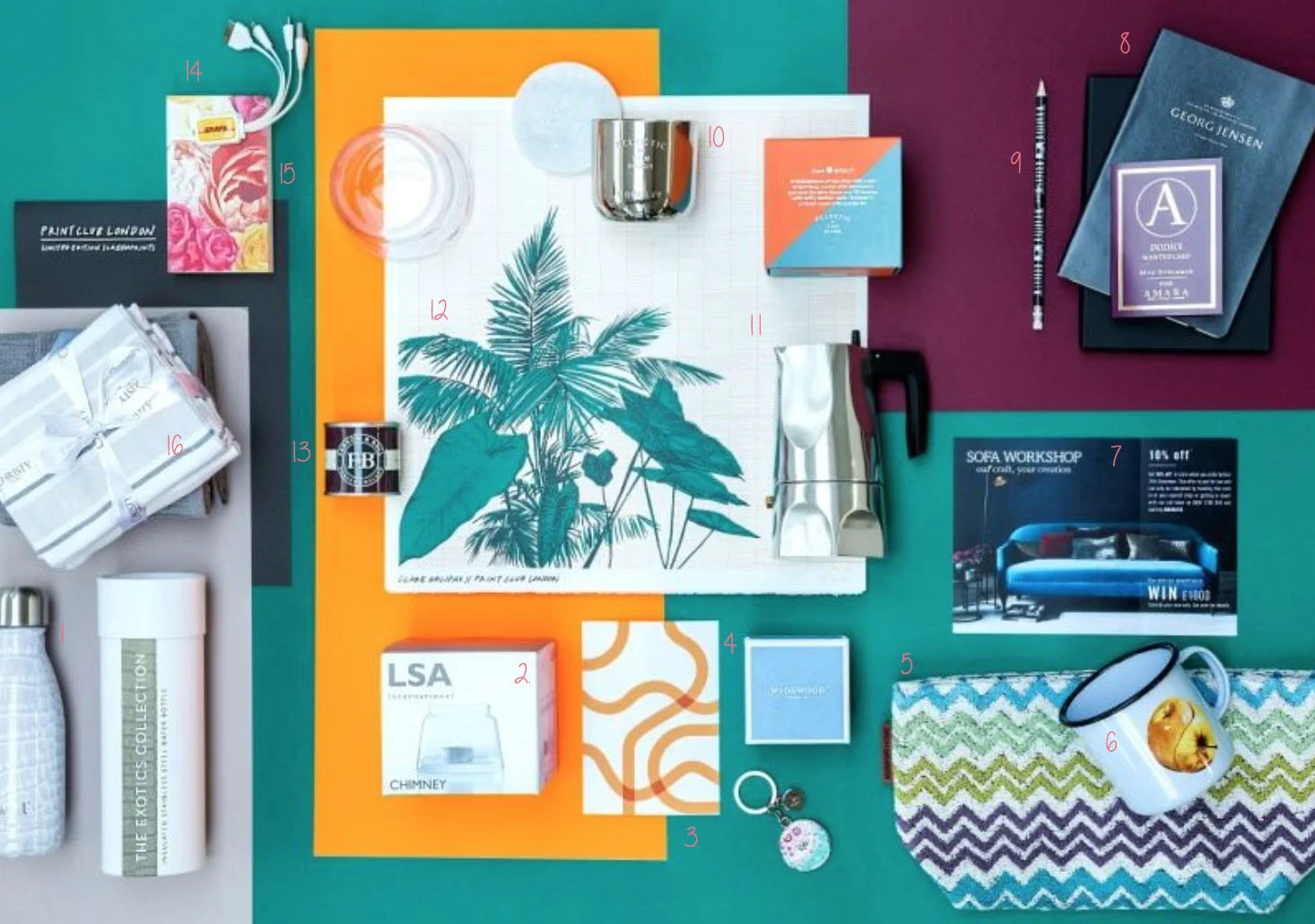 (From bottom left anticlockwise) 1. Densingual glass water bottle 2. LSA Glass candle holder 3. 4. Wedgwood keyring 5. Missoni beach bag 6. Seletti mug 7. 10% off at Sofa Workshop 8. Georg Jensen leather notebook 9. Missoni pencil 10. Tom Dixon Candle 11. Alessia coffee maker 12. Print Club London print 13. Farrow and Ball sample pot 14. DHL Power adaptor 15. Kate Spade notepad 16. Christy tea towel