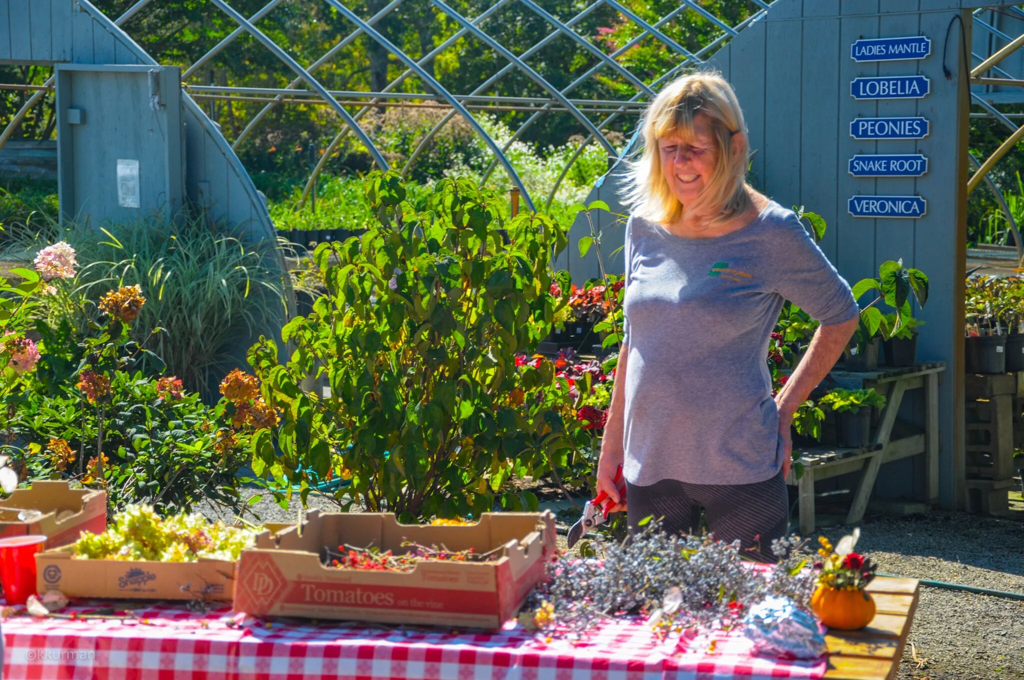 Cathy James overseeing the mini pumpkin flower arrangements