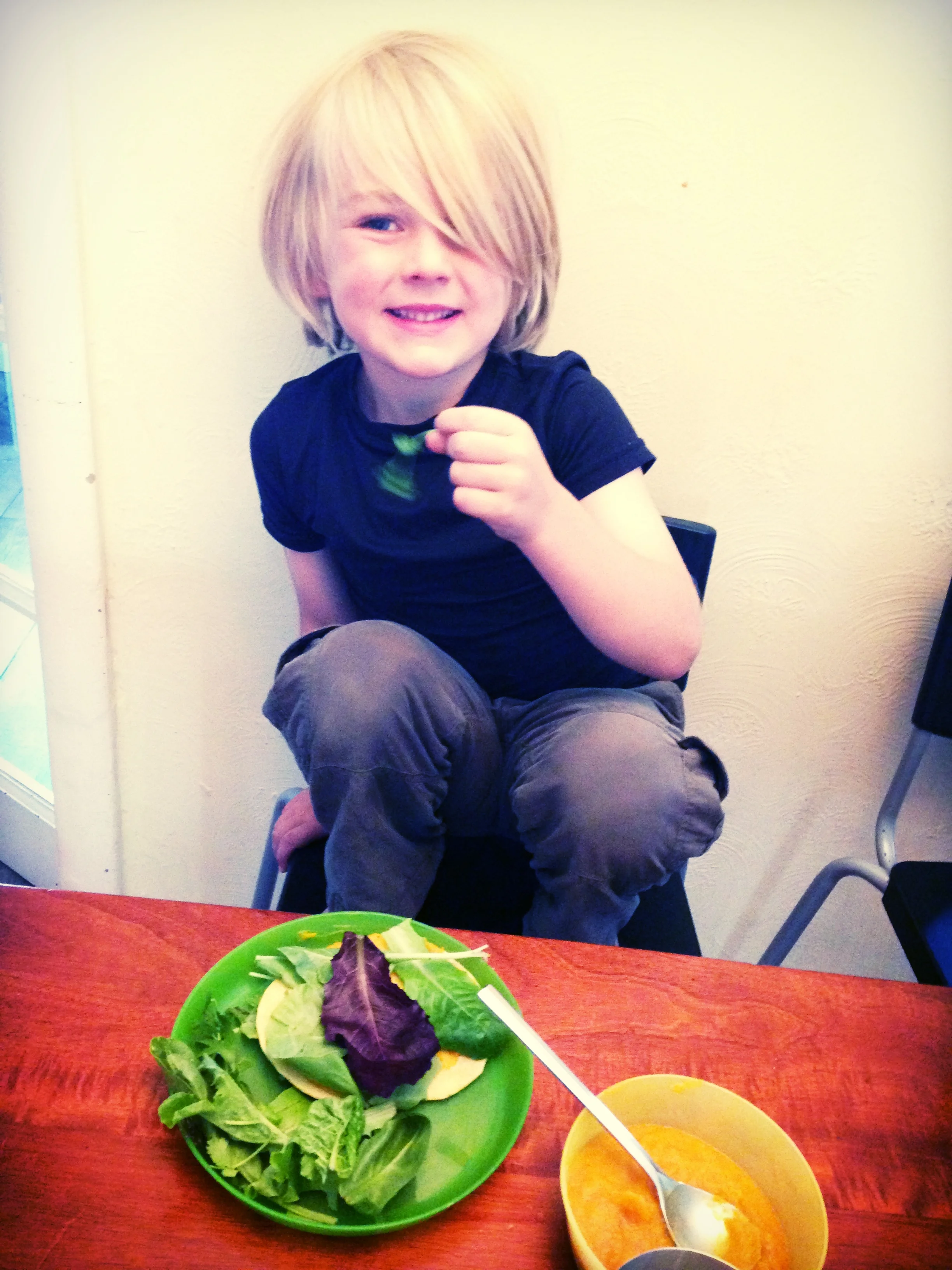 Check out that happy face! Cole is eating mixed greens, no dressing and he has a bowl of butternut squash soup. He gets the plantain chips after these dishes are eaten. Use your leverage, friends! :) 