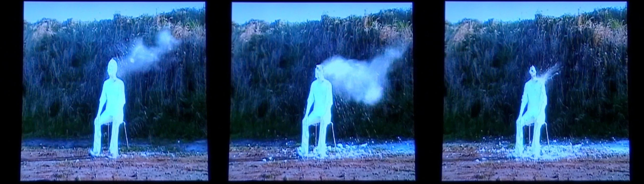 Handmade (2009) Video Still, shooting a life size figure plaster cast with a .22 rifle