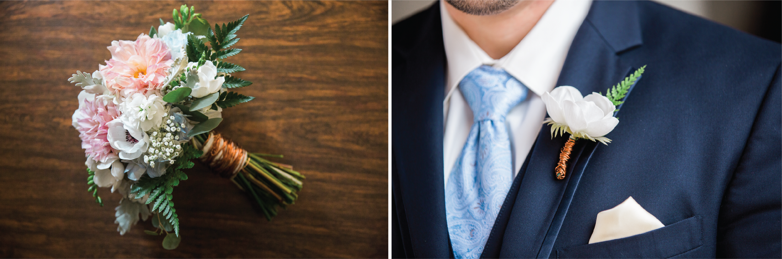 Copper wire-wrapped stems on both the bride's bouquet and the groom's boutonniére enhanced the sophistication of these beautiful floral pieces.