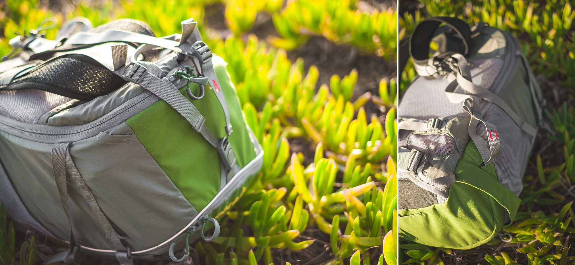 Left: The V-Flow loop connects the top sections of both shoulders. Right: U-Flow does the same at the bottom, where the strap runs through a tunnel.