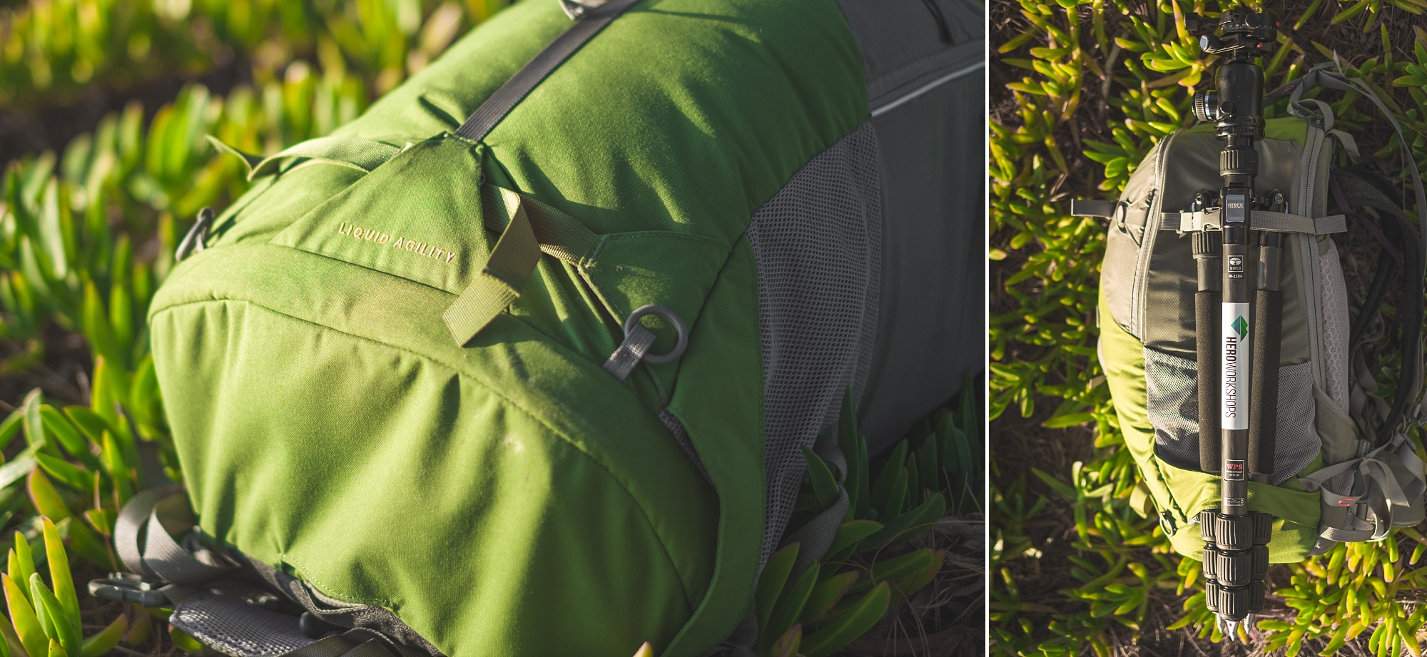 Right: The straps easily hold a full-size tripod (Sirui W2204)