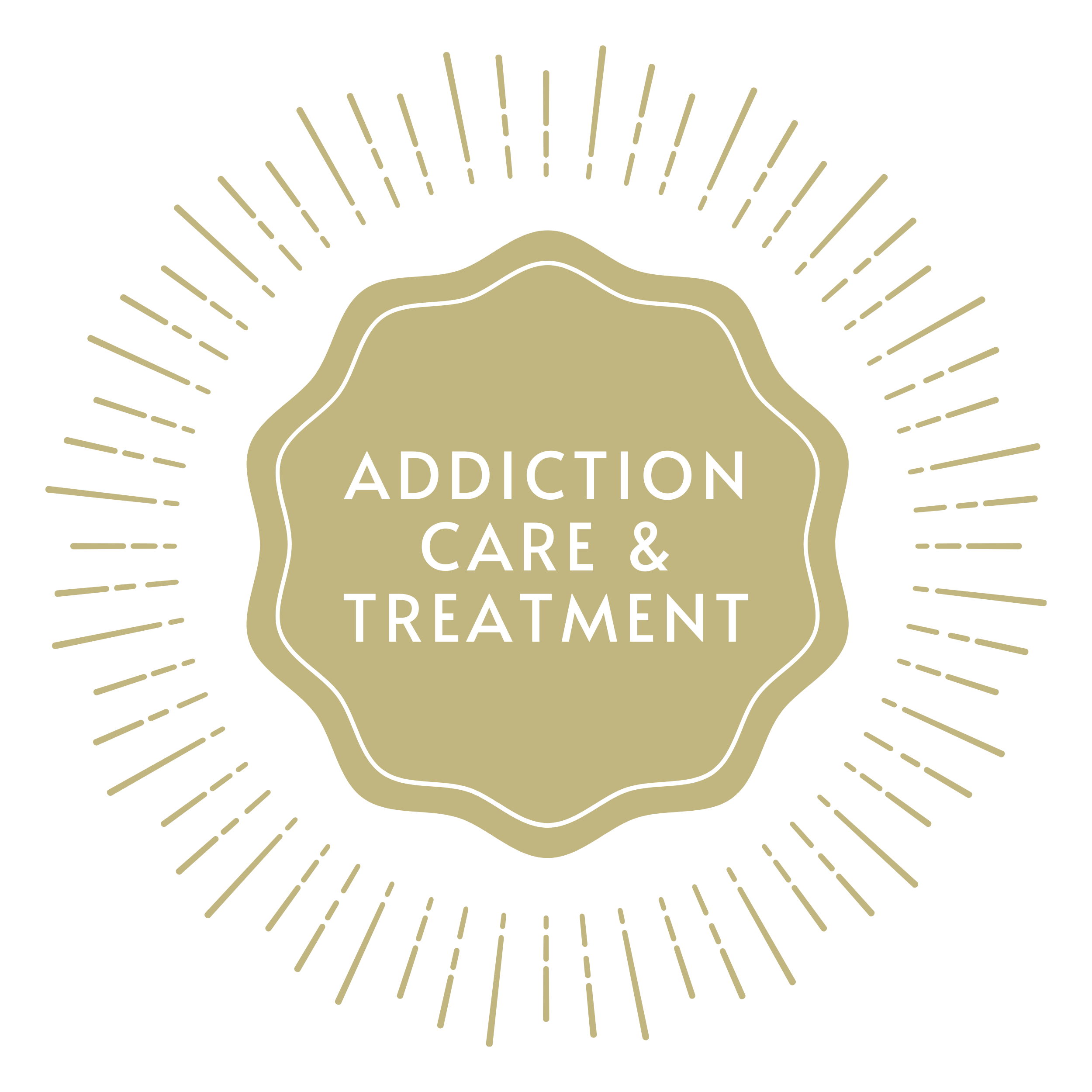 Badge with the text 'Addiction Care & Treatment' surrounded by radiating lines.