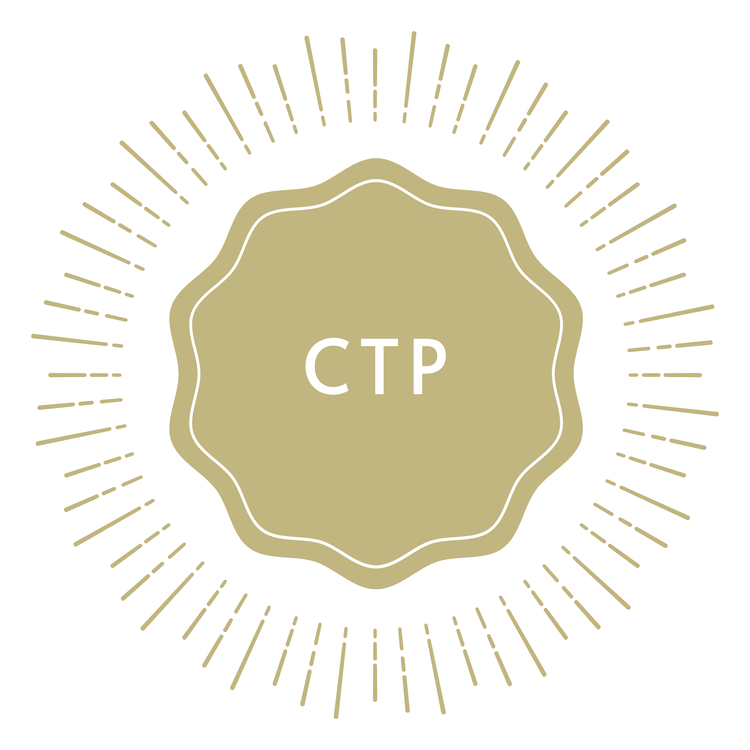 Gold emblem with "CTP" in the center, surrounded by decorative radial lines on a black background.