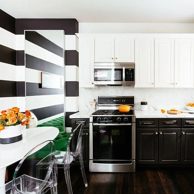 Soaking up the sunshine and #stripes this morning while working from the kitchen! #airbnb #benjaminmoore #kitchenremodel #smallspaces #houzz #nobhilljewelbox
