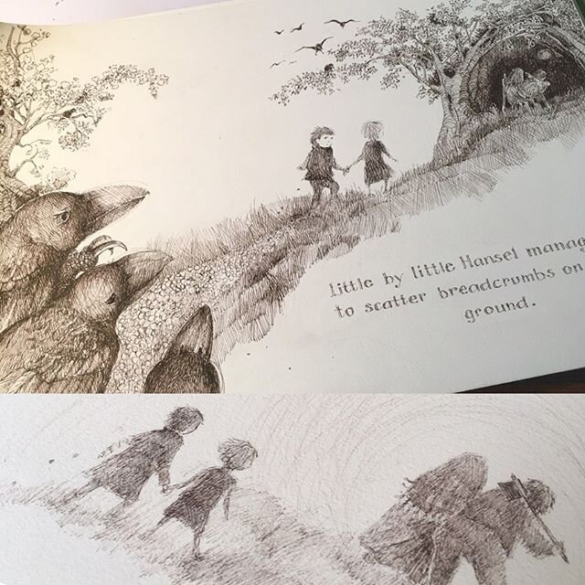 Working from my Hansel and Gretel image (bottom) and creating some tension in their journey to the woods with their parents. #hanselandgretel #childrensliterature #childrensbookillustrations #usesofenchantment #inktober