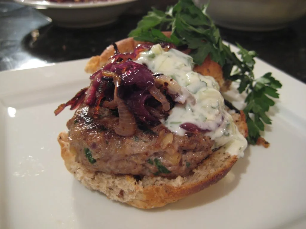 Lamb Burgers with Caramelised red onions and Yoghurt Rahita
