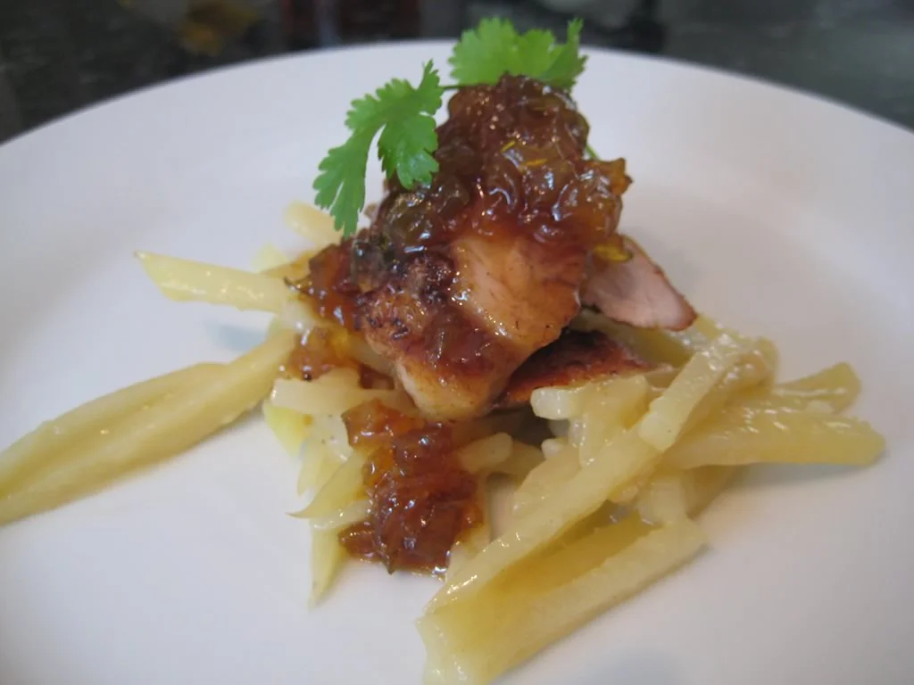 Chicken with Potato Noodles and Spiced Onion Jam