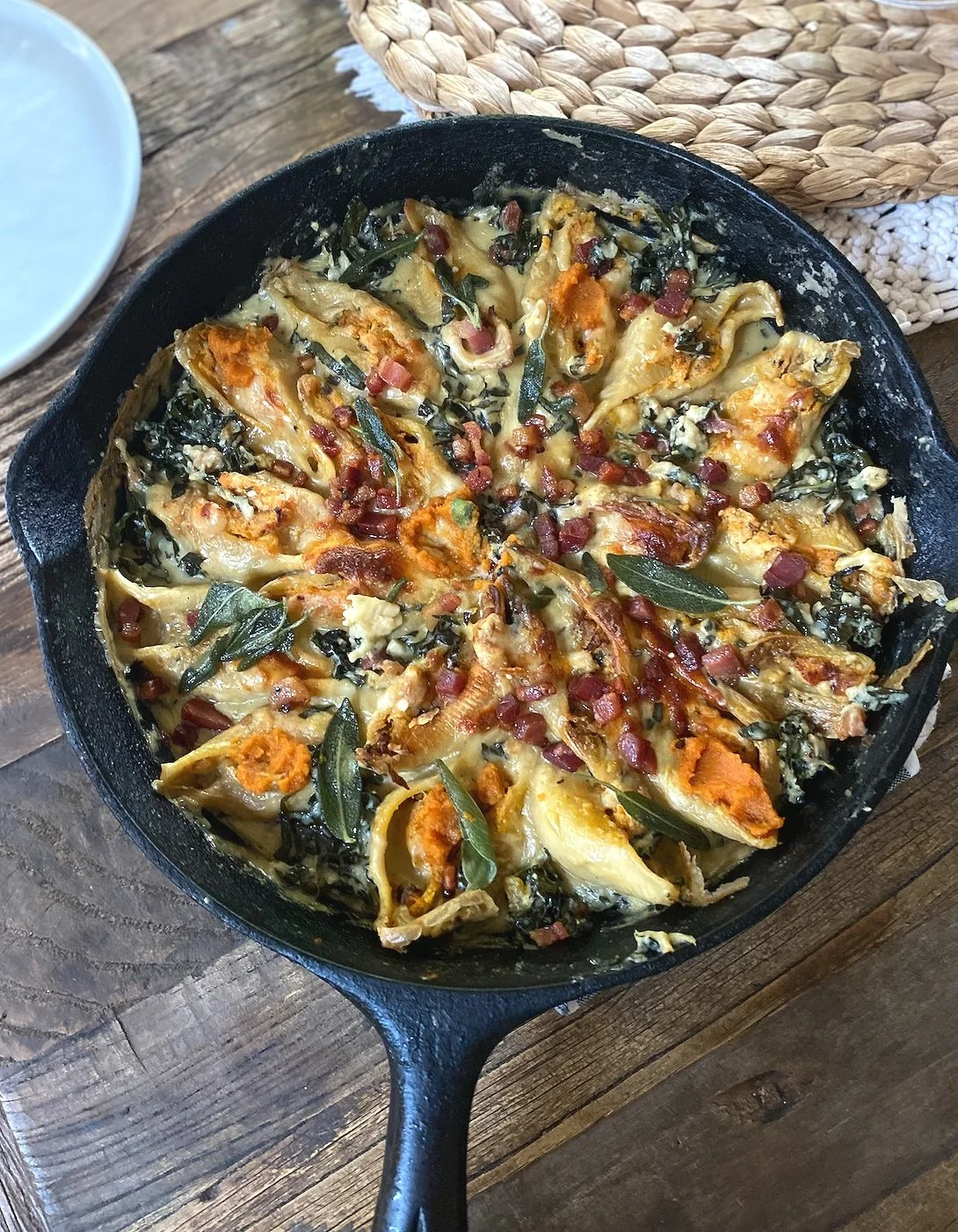 Pumpkin, Pancetta &amp; Sage Conchiglioni with a Creamy Kale sauce