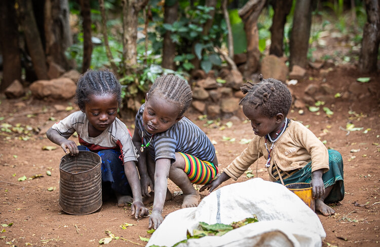 The young children play games with the leaves