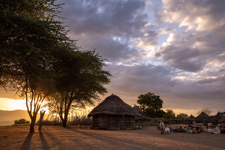Karo Tribe village at sunrise Omo Valley ethiopia