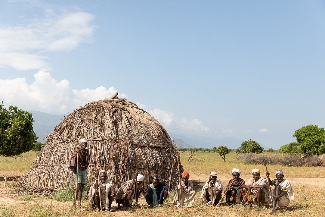 Arbore tribal men in village near Lake Chew Bahir Ethiopia