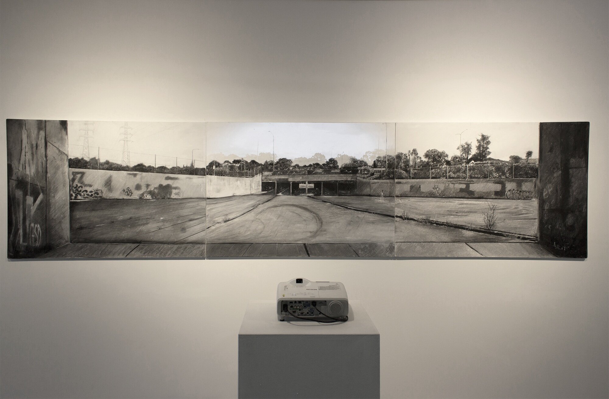   Under the southern freeway  2019  charcoal mixed media on gesso hardboard with animation  85 x 118.5 cm x 3 pieces (triptych) 