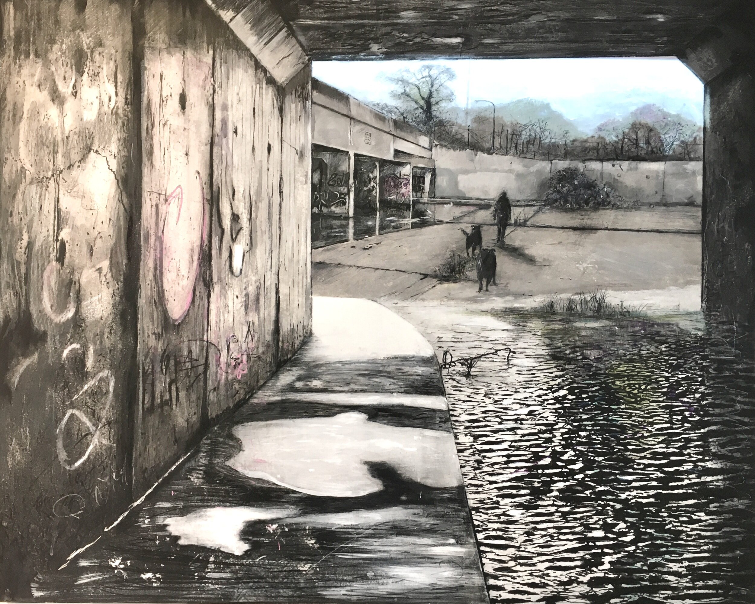   Only the landscape has changed  2019  pencils, charcoal, highlighters, ball point pen, spray paint on gesso hardboard with projections.  83 x 100 cm 