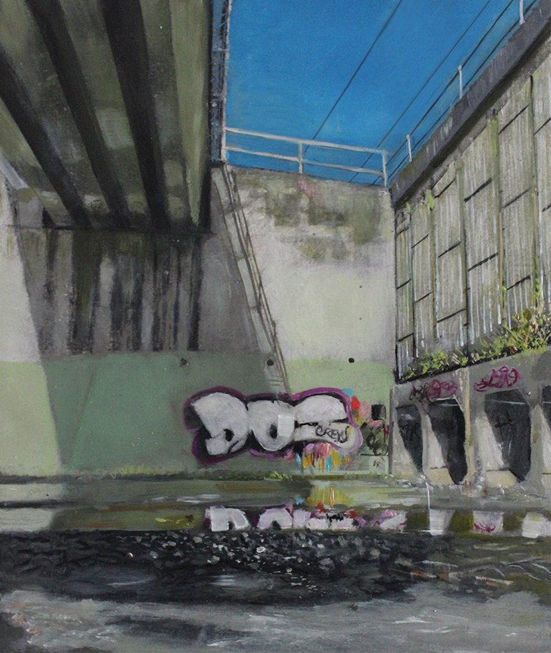 The Arena, 2016.
Ink and oil on hardboard.
24 x 29 cm.