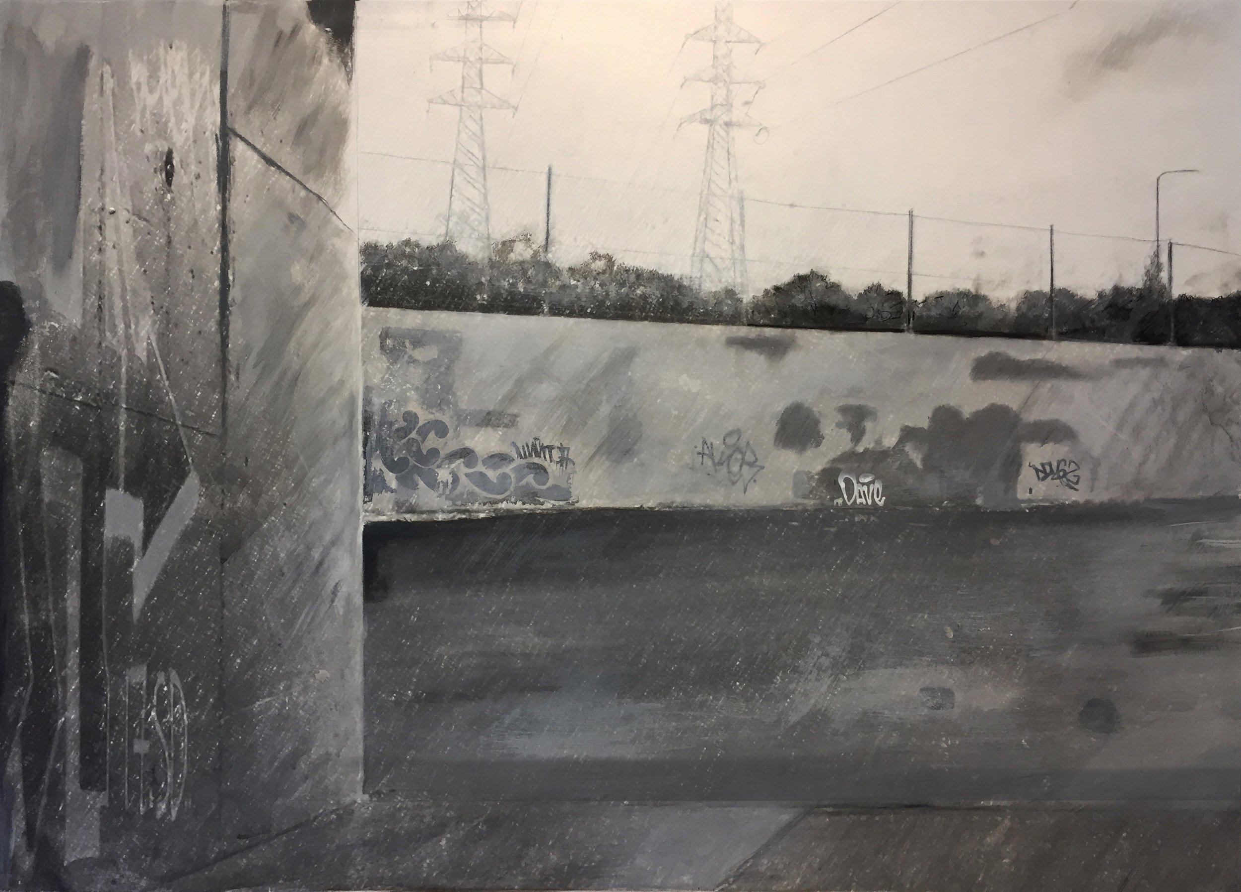 Under the southern freeway: 2019  charcoal mixed media on gesso hardboard with animation  85 x 118.5 cm x 3 pieces (triptych)