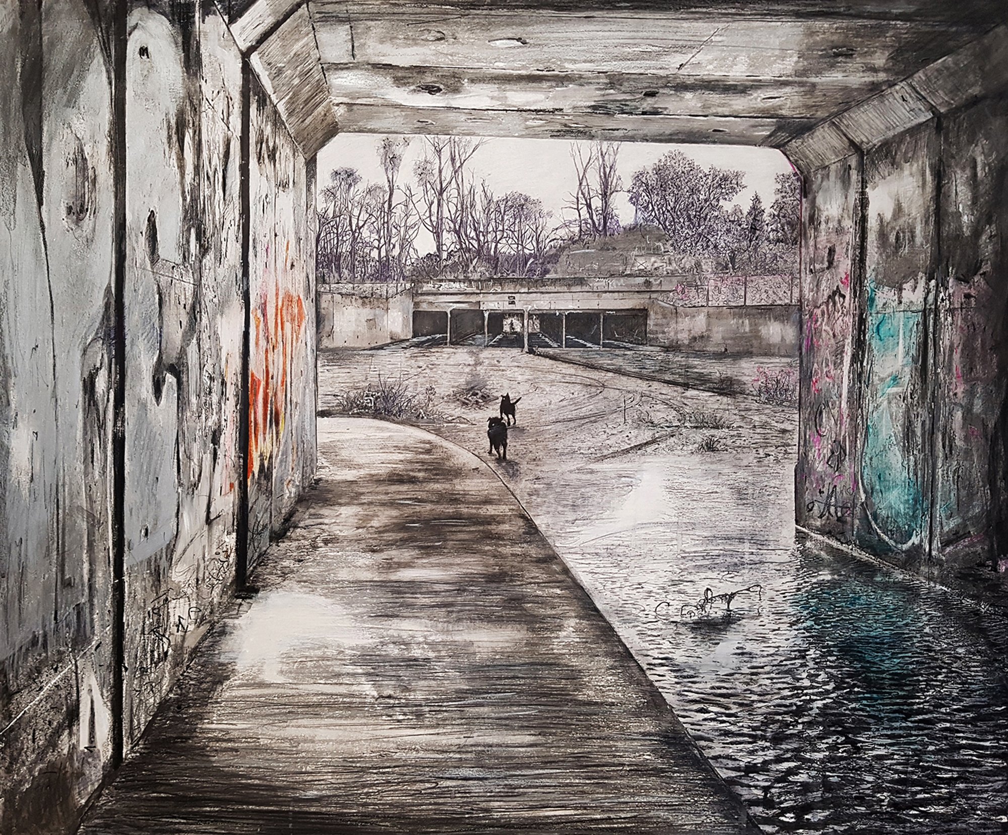 Someplace else unknown: ballpoint, ink, pencils, charcoal, highlighter markers, spray paint on gesso on hardboard 102 x 83 cm 2018
