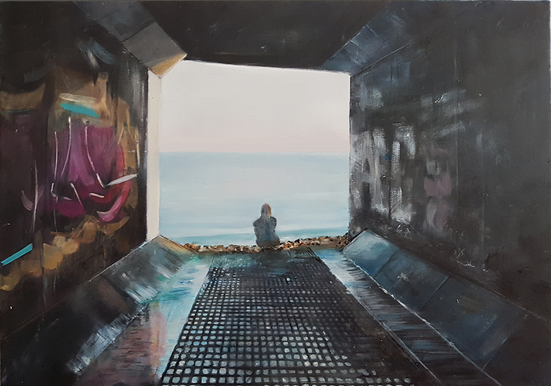 A moment for stillness, 2019.
Oil and ink on canvas on board.
34 x 58 cm.