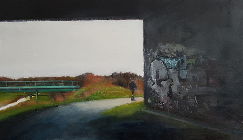 The long walk home, 2019.
Ink and oil on hardboard.
58 x 32 cm.