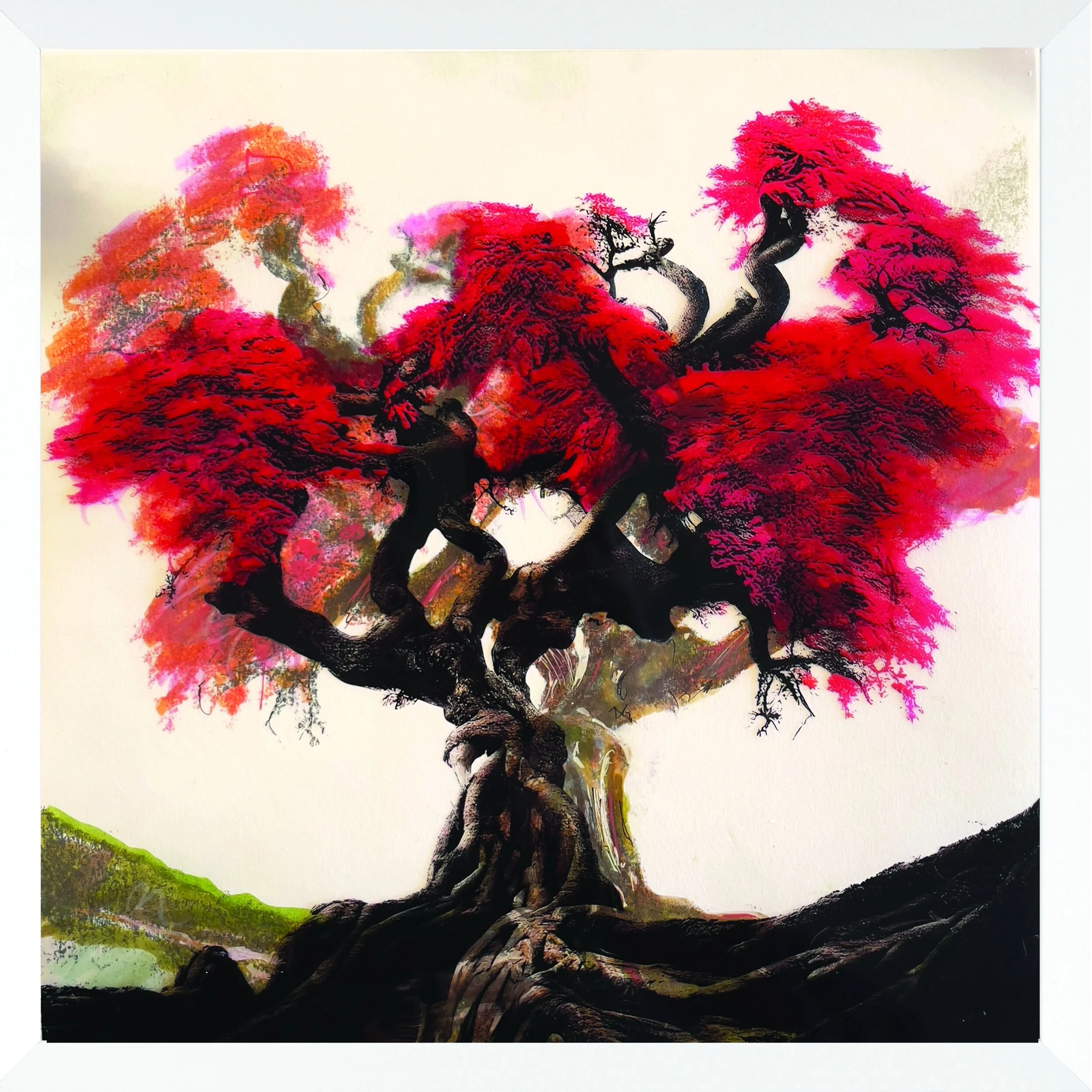 Bright Embrace 2023.
Hand drawn media over transfer pigment print. on paper (30x 30cm).
