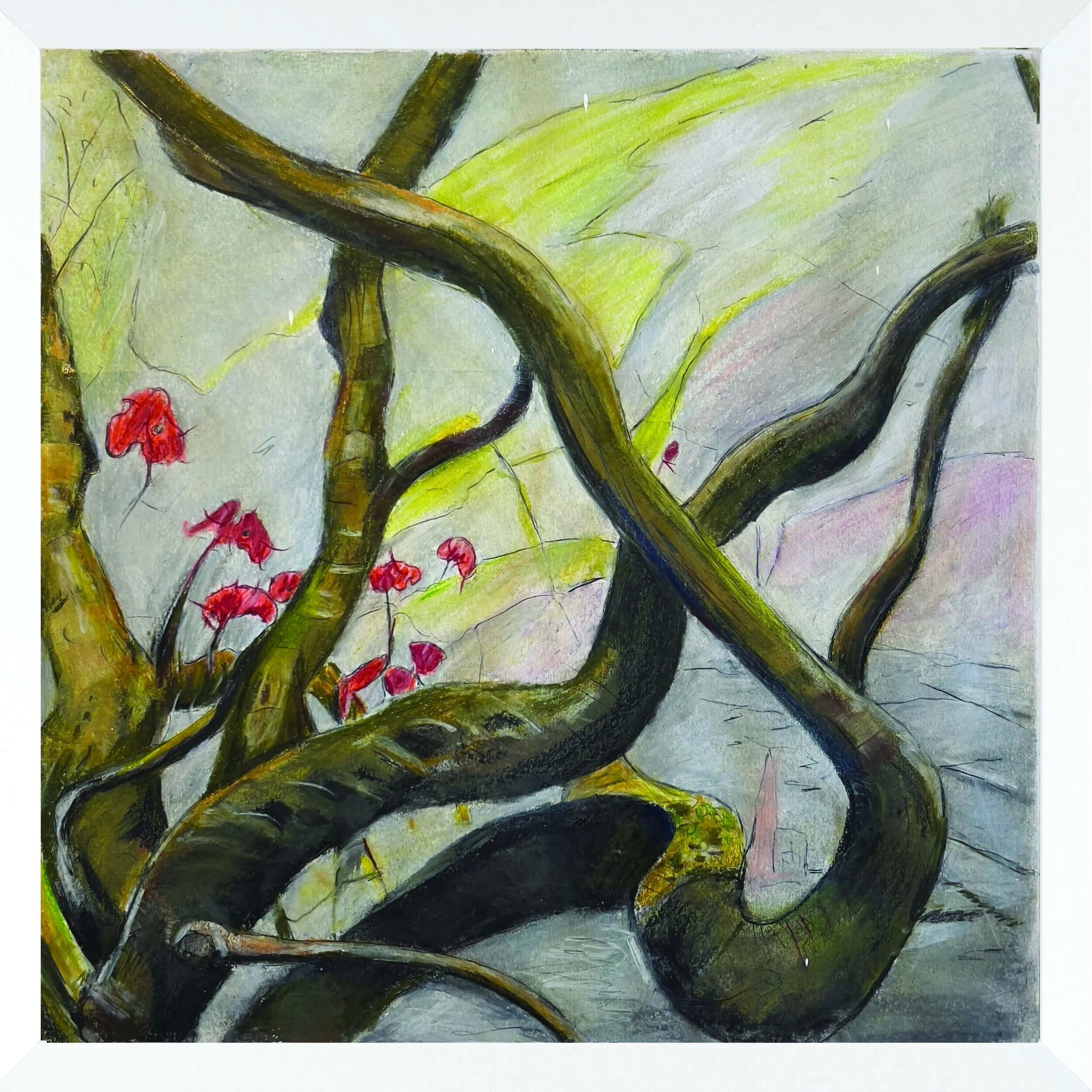 Embrace.
Hand drawn media over transfer pigment print. on paper (30x 30cm).
