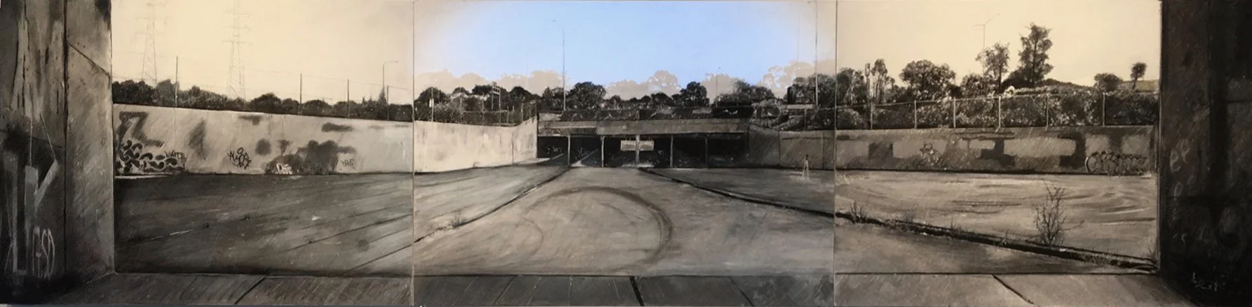Under the Southern Freeway 2019.
Mixed drawing media on paper.
118 x 84 cm.