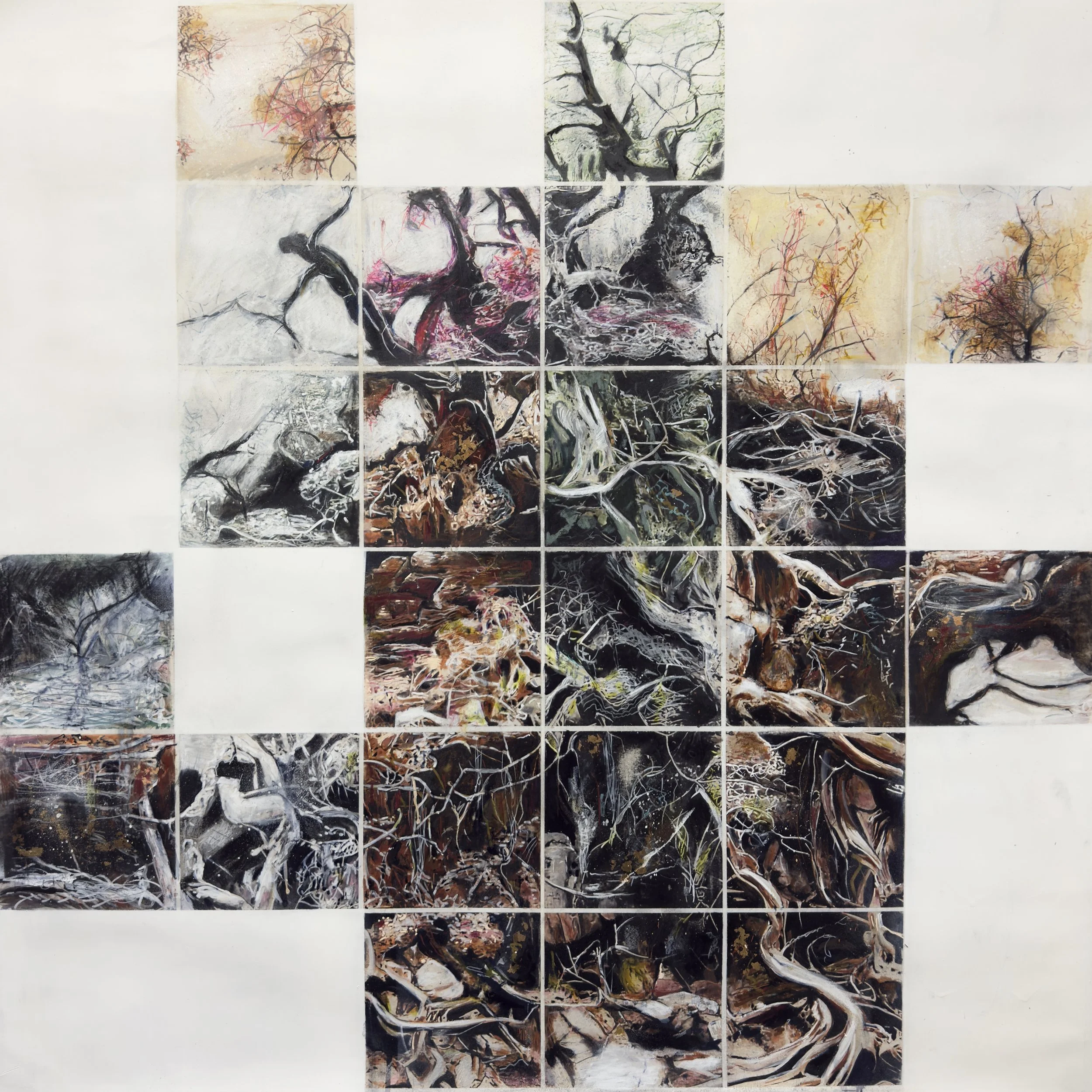 2025 Fractured landscapes.
Mixed drawing media on paper.
100 x 100 cm.